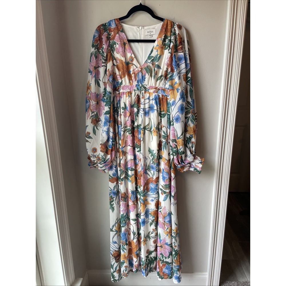 AURA Women's Floral  Spring/Fall  Maxi Dress Flowy  Bohemian Modest  SMALL